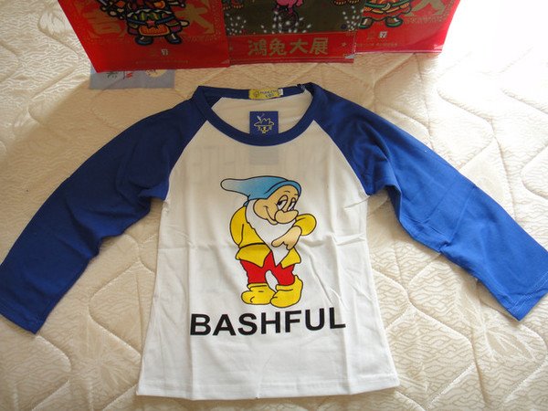 韓版中性款小矮人印花純棉長袖T恤上衣(藍袖120)