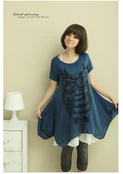 2012韓版女裝夏季時尚爆款貓頭鷹兩件套短袖T恤 寬松大碼T恤1.jpg