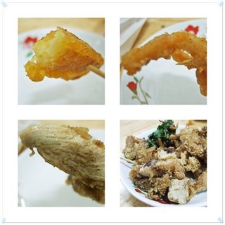 梅子薯條、魷魚頭、香雞排切塊、一整盤炸物(左上、右上、左下、右下)